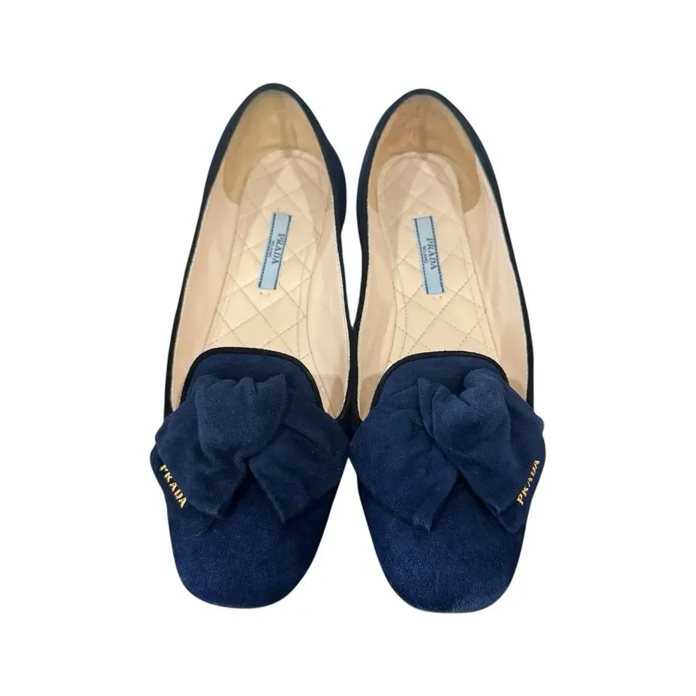 Prada Navy Suede Bow Flats Size 38 EU 8 US Quilted Leather Interior Box Dust Bag